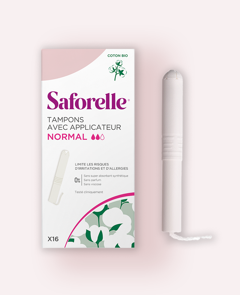 Boîte Saforelle de 16 tampons avec applicateur Normal en coton bio, hygiène intime, confort et sérénité durant les règles