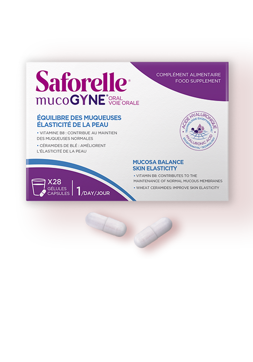Packaging Saforelle Mucogyne voie orale avec verre et une gélule sur table pour muqueuse normale