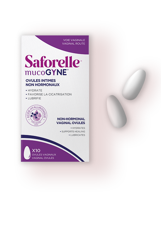 Packaging Saforelle Mucogyne avec ovules intimes sur meuble bois pour apaisement 
