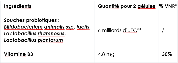 Ingrédients Medigyne Oral souches probiotiques et vitamine B3 