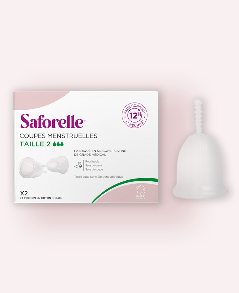 Boîte Saforelle de coupes menstruelles taille deux avec coupe à côté, hygiène intime