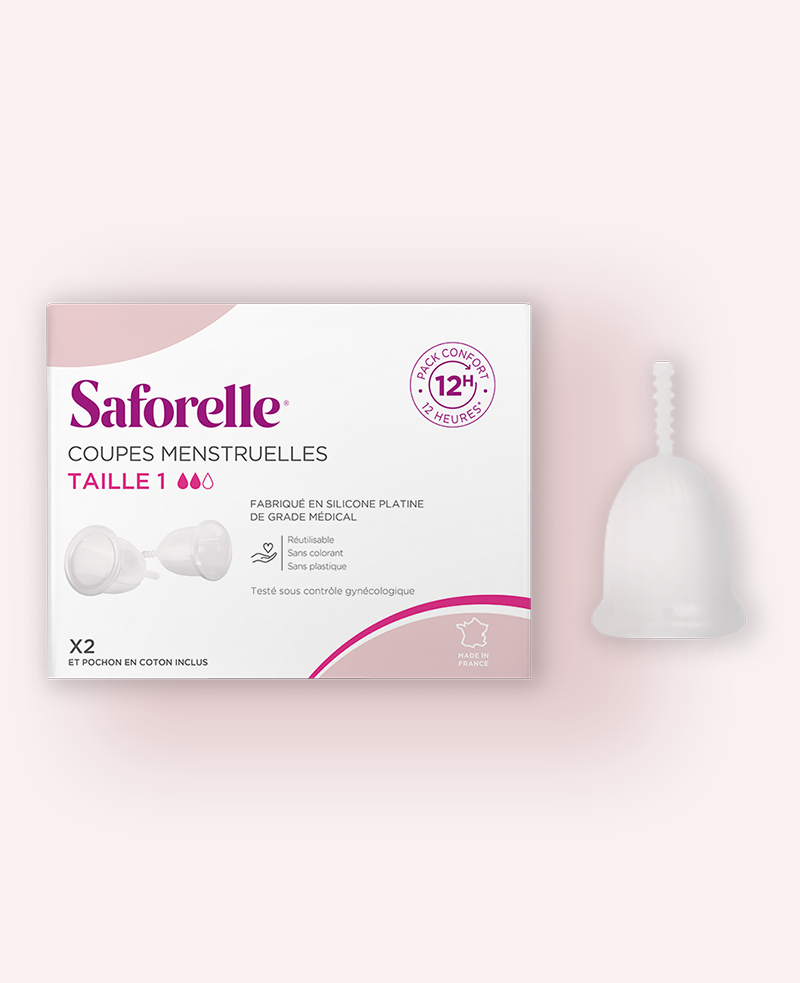 Boîte Saforelle de coupes menstruelles taille 1 avec coupe à côté, utilisation facile