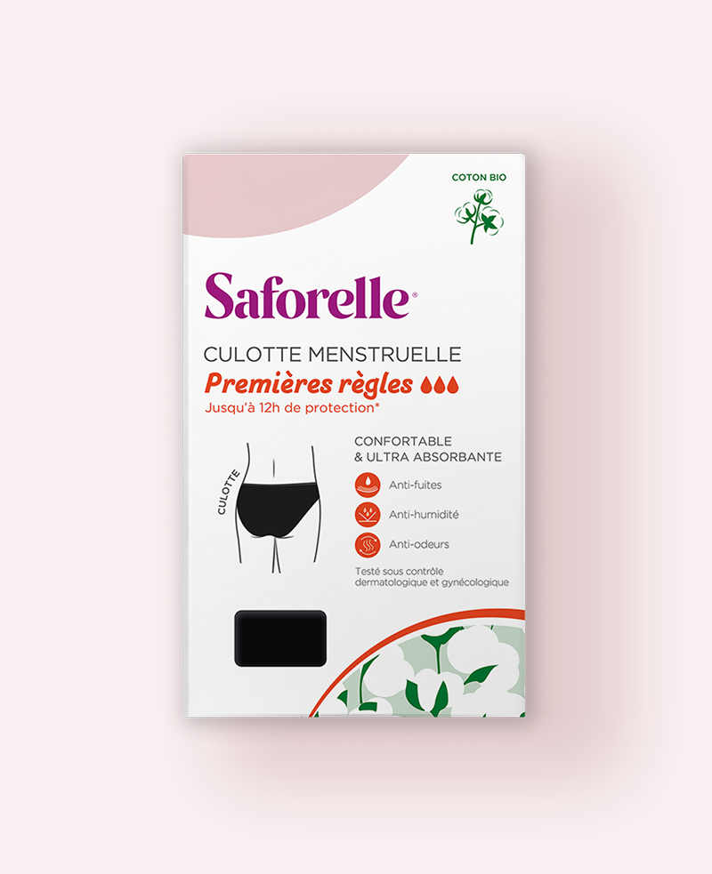 Présentation packaging culotte premières règles Saforelle protection absorbante