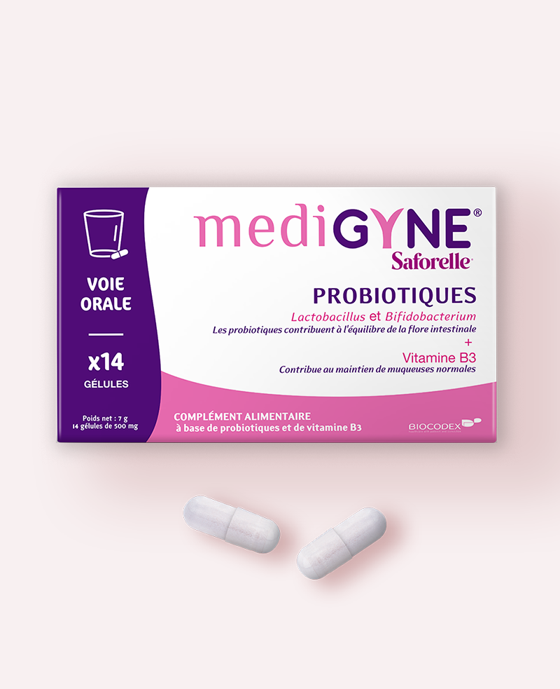 Boîte MediGYNE Saforelle probiotiques voie orale avec gélules  à côté