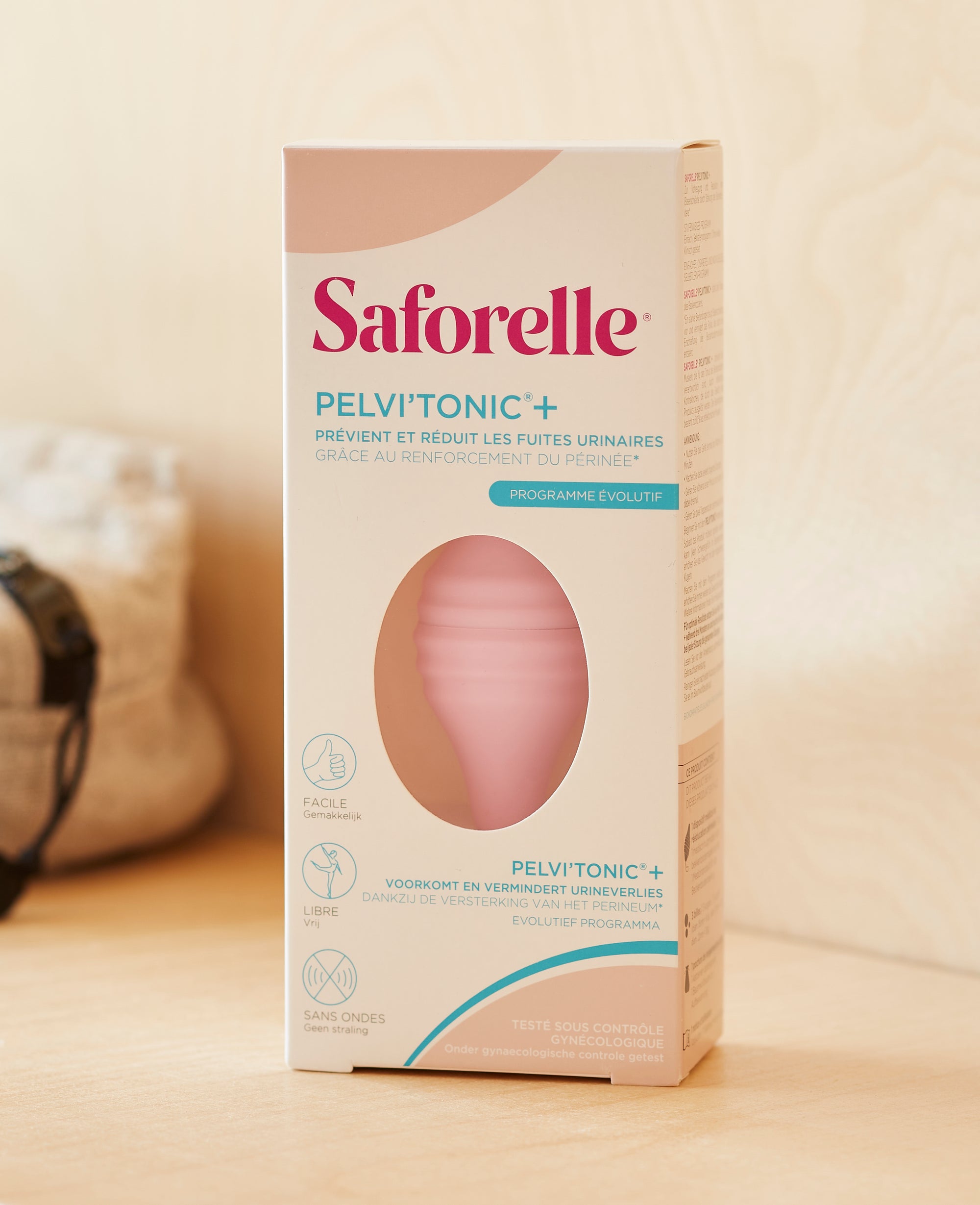 Boîte du Pelvitonic+ Saforelle contenant un œuf vaginal rose pour rééducation périnéale
