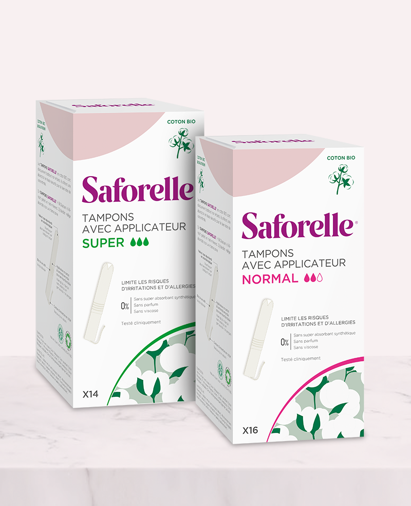 Deux boîtes Saforelle de tampons avec formats Super et Normal, protection intime