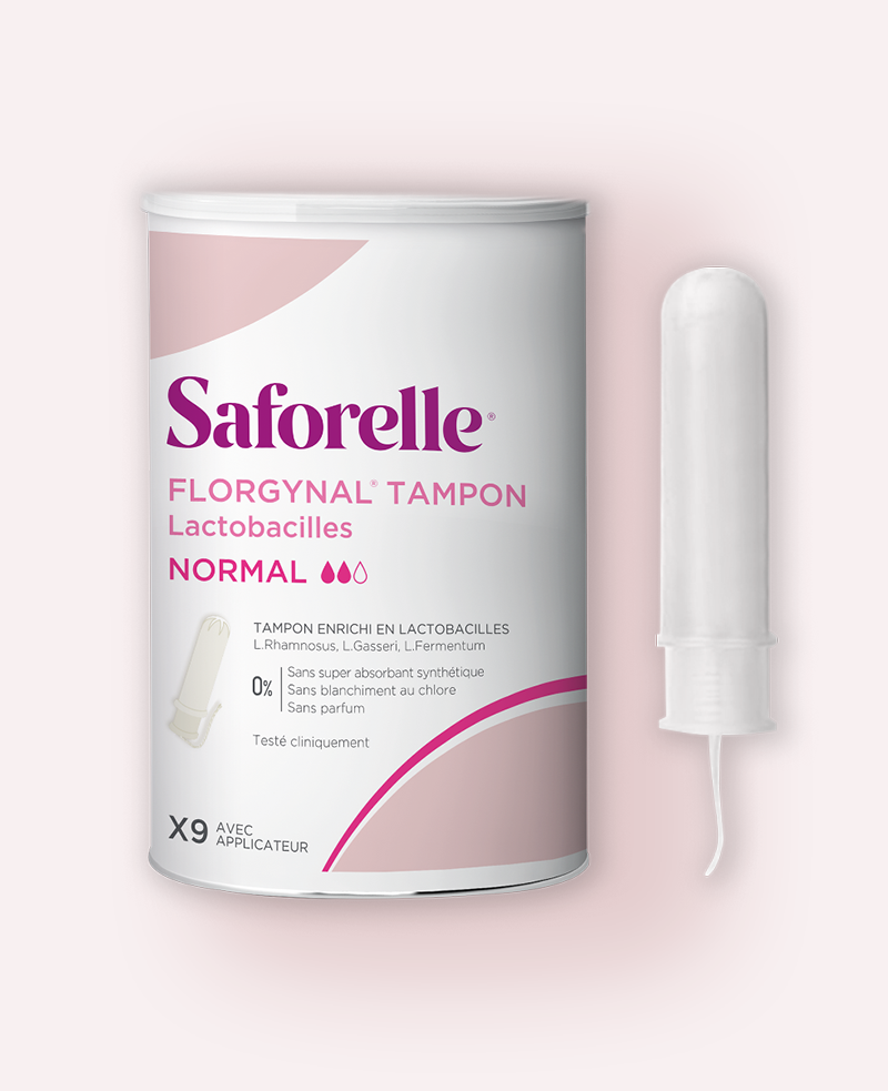 Boîte Saforelle Florgynal de tampons Normal avec applicateur et tampon à côté, hygiène intime